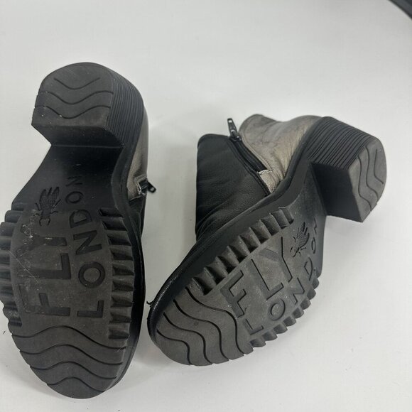 Fly London Womens Black & Metallic Leather Ankle Boots 37W With Side Zipper - Picture 4 of 8